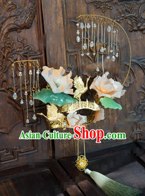 Chinese Ancient Bride Golden Crane Lotus Round Fan Traditional Jewelry Accessories Handmade Court Wedding Palace Fan