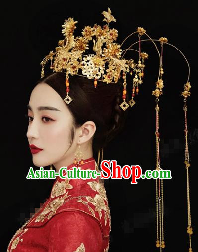 China Ancient Bride Xiuhe Suit Headpieces Traditional Wedding Hair Accessories Golden Phoenix Coronet Full Set