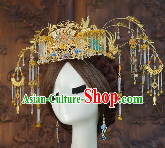 China Ancient Golden Phoenix Coronet Xiuhe Suit Headpieces Traditional Wedding Bride Hair Accessories Full Set