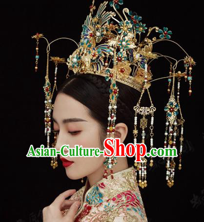 China Ancient Queen Blueing Phoenix Coronet Traditional Wedding Bride Hair Accessories Xiuhe Suit Headpieces Full Set