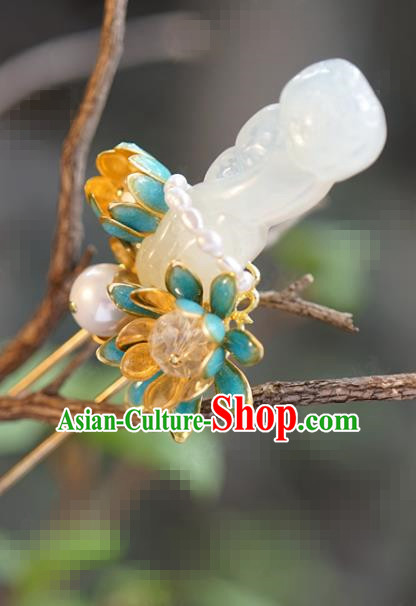 China Ancient White Jade Pearls Hairpin Traditional Xiuhe Suit Hair Jewelry Accessories Court Princess Convallaria Hair Stick