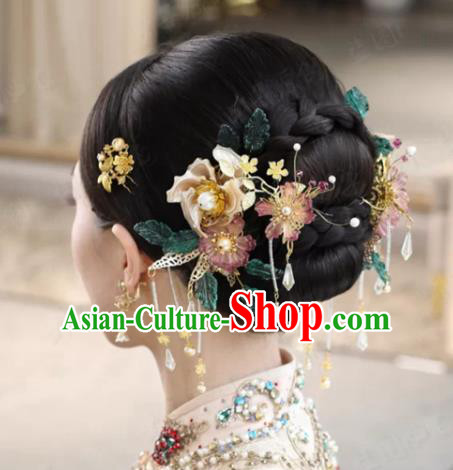 China Ancient Bride Flowers Hair Comb Wedding Hair Accessories Traditional Xiuhe Suit Tassel Hairpins Hair Sticks Full Set