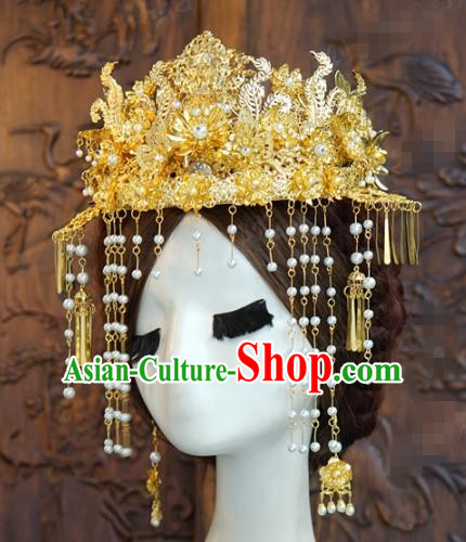 China Ancient Queen Golden Phoenix Coronet Traditional Wedding Bride Hair Accessories Xiuhe Suit Hair Crown