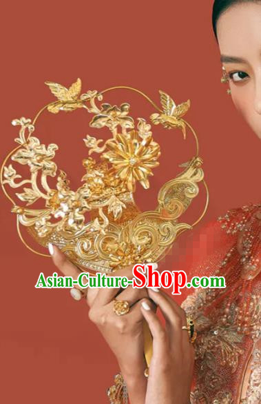 Chinese Handmade Court Golden Crane Palace Fan Ancient Wedding Prop Traditional Jewelry Accessories