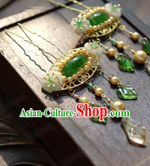 China Traditional Xiuhe Suit Hair Jewelry Accessories Wedding Jade Hair Sticks Ancient Palace Pearls Hairpins