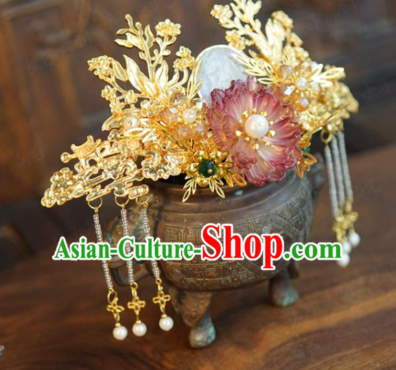 China Ancient Bride Shell Hair Crown Traditional Xiuhe Suit Hair Accessories Wedding Golden Hair Comb