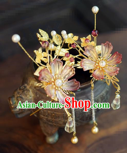 China Wedding Pink Flower Hairpins Ancient Bride Tassel Hair Clips Traditional Xiuhe Suit Hair Accessories