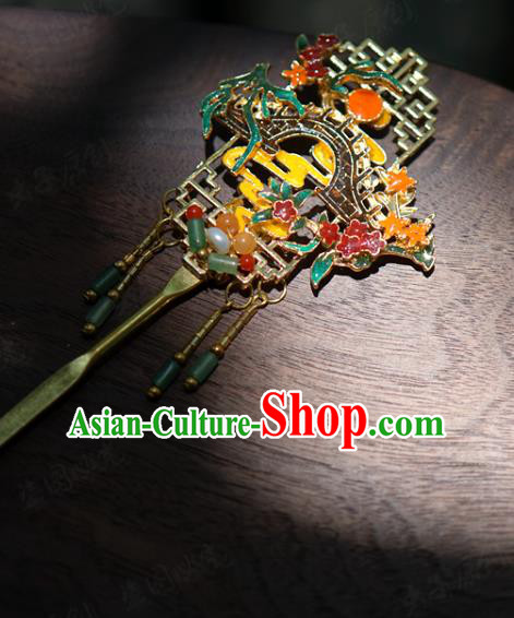 China Wedding Cloisonne Hairpins Traditional Xiuhe Suit Hair Accessories Ancient Bride Jade Tassel Hair Clip