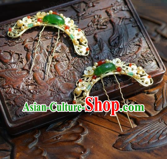 China Ancient Palace Jade Pearls Hair Sticks Traditional Xiuhe Suit Hair Jewelry Accessories Qing Dynasty Court Gems Hairpins