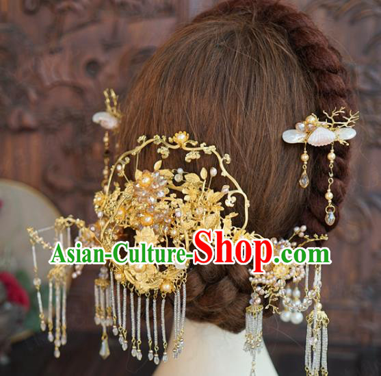 China Ancient Bride Wedding Golden Hair Accessories Traditional Xiuhe Suit Hairpins Hair Sticks Complete Set