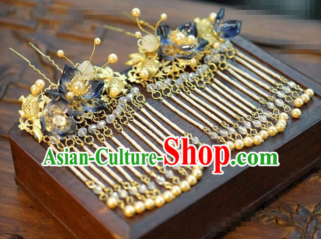 China Ancient Palace Tassel Hair Sticks Traditional Xiuhe Suit Hair Jewelry Accessories Qing Dynasty Goldfish Lotus Hairpins