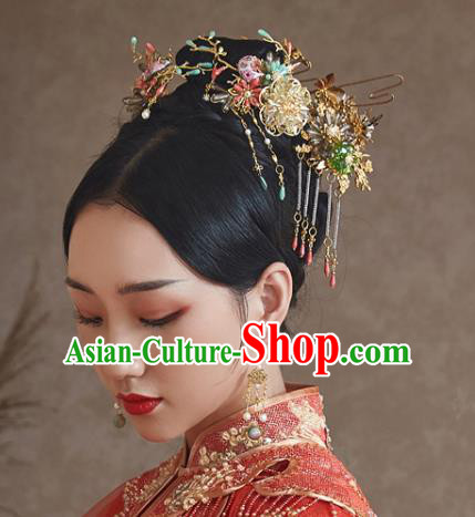 China Ancient Bride Hair Accessories Traditional Wedding Xiuhe Suit Tassel Hairpins Complete Set