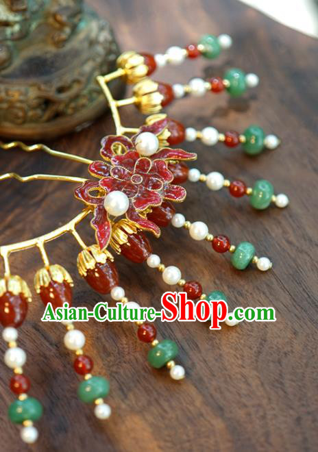 China Wedding Jade Hair Stick Jewelry Adornment Traditional Xiuhe Suit Hair Accessories Ancient Empress Cloisonne Red Peony Hairpin