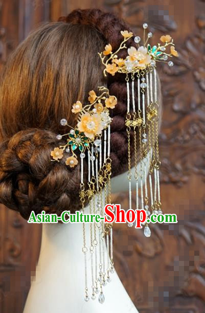 China Ancient Bride Flower Hairpin Traditional Xiuhe Suit Hair Accessories Wedding Long Tassel Hair Combs