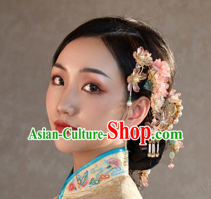 China Traditional Wedding Xiuhe Suit Pink Flower Hairpins Tassel Hair Sticks Ancient Bride Hair Accessories Complete Set