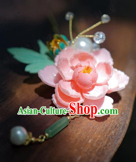 China Hanfu Pink Peony Hair Claw Ancient Wedding Hair Stick Traditional Xiuhe Suit Hair Jewelry Accessories