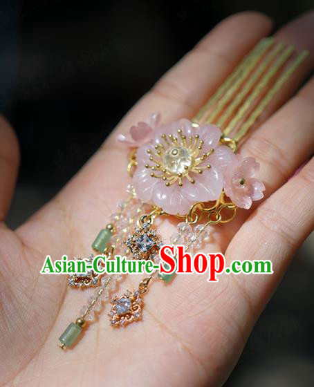 China Wedding Pink Flower Hair Comb Zircon Jewelry Adornment Traditional Xiuhe Suit Hair Accessories Ancient Princess Tassel Hairpin