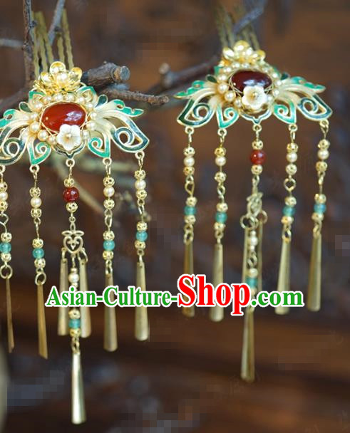 China Hanfu Cloisonne Lotus Hair Combs Ancient Traditional Xiuhe Suit Hair Jewelry Accessories Agate Hairpins