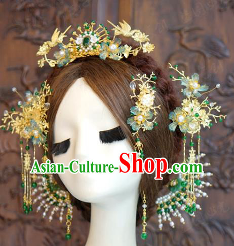 China Ancient Empress Hair Accessories Traditional Wedding Xiuhe Suit Tassel Hairpins Jade Hair Crown Complete Set