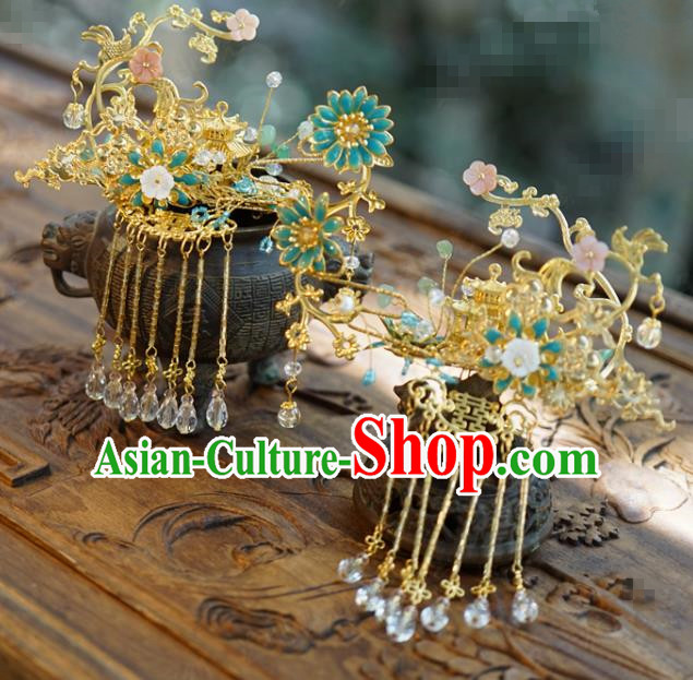 China Ancient Golden Palace Hairpin Traditional Xiuhe Suit Hair Jewelry Accessories Tassel Step Shake