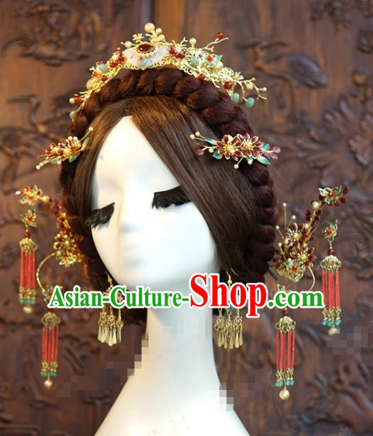China Traditional Hair Accessories Ancient Bride Jade Hair Crown and Hairpins Wedding Xiuhe Suit Headdress