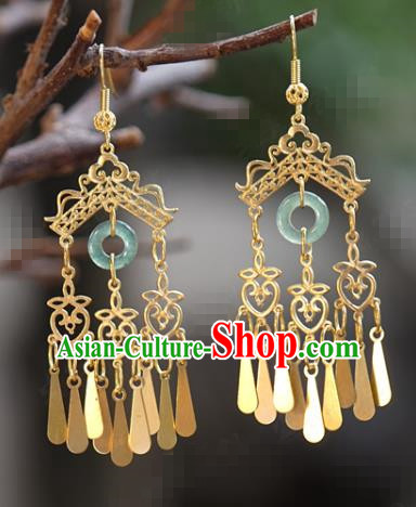 Top Grade China Golden Tassel Ear Jewelry Traditional Hanfu Accessories Ancient Bride Jade Earrings