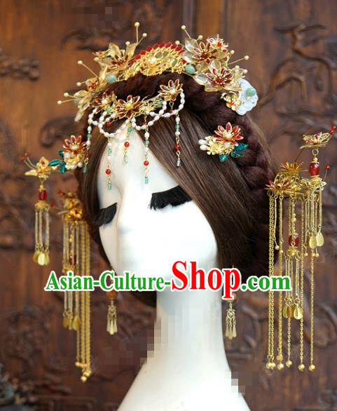 China Ancient Bride Hair Crown and Golden Tassel Hairpins Traditional Xiuhe Suit Headdress Wedding Hair Accessories