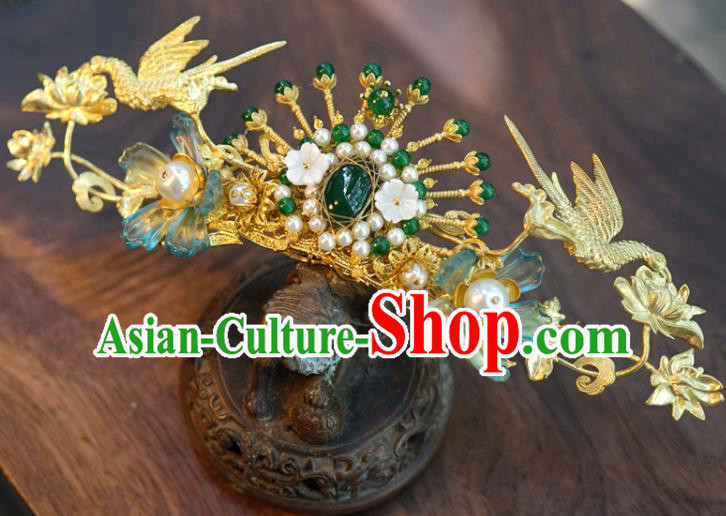 China Wedding Golden Crane Lotus Hair Crown Traditional Xiuhe Suit Jewelry Hair Accessories Ancient Princess Jade Hairpin