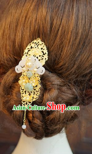 China Ancient Jade Hair Comb Traditional Xiuhe Suit Hair Jewelry Accessories Palace Tassel Golden Hairpin