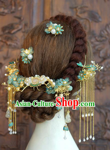 China Ancient Bride Hair Accessories Traditional Wedding Xiuhe Suit Flowers Hairpins Tassel Hair Sticks Complete Set