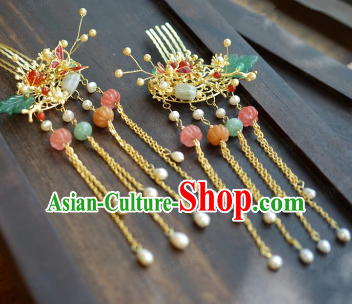 China Ancient Jade Pumpkin Tassel Hair Combs Traditional Xiuhe Suit Hair Jewelry Accessories Court Gems Hairpins
