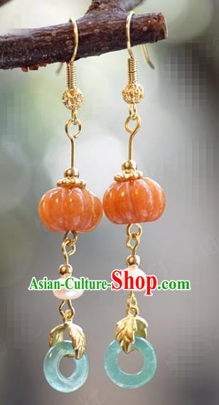 Top Grade China Jade Pumpkin Ear Jewelry Traditional Hanfu Accessories Ancient Qing Dynasty Court Earrings