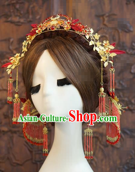 China Traditional Hair Accessories Wedding Xiuhe Suit Headpieces Ancient Bride Cloisonne Red Hair Crown and Hairpins