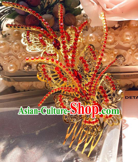 Chinese Bride Golden Butterfly Hair Comb Ancient Wedding Jewelry Accessories Traditional Hairpin