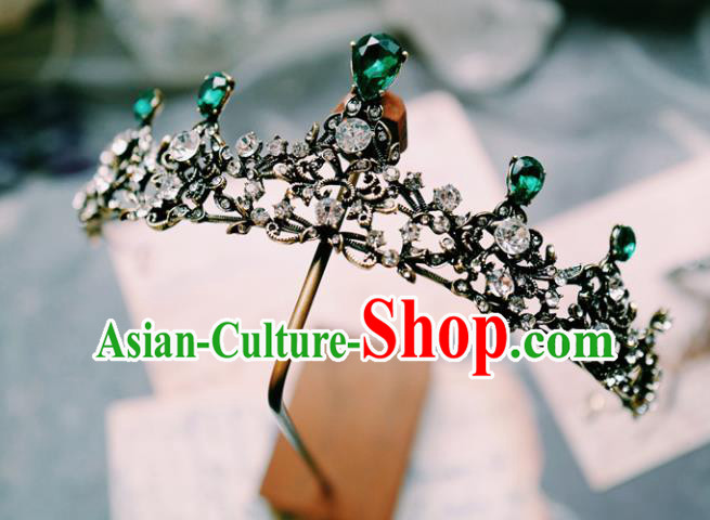 Handmade Baroque Bride Black Royal Crown Wedding Hair Accessories European Green Crystal Hair Clasp