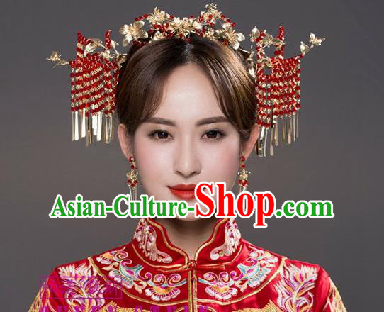 Chinese Ancient Wedding Hair Jewelry Accessories Traditional Bride Golden Hair Crown and Hairpins Full Set