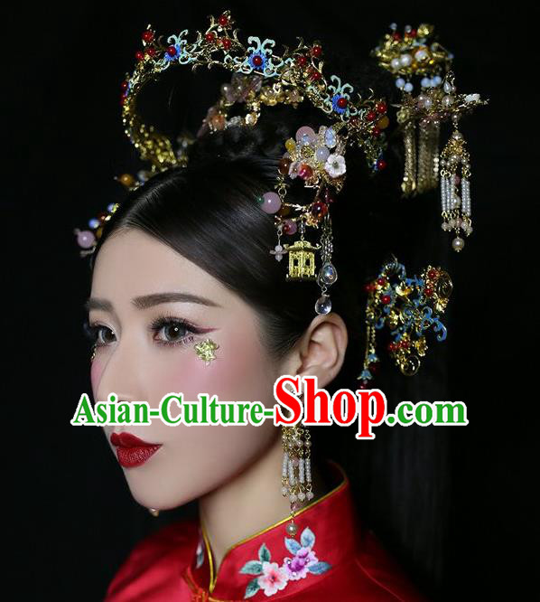 Chinese Traditional Bride Blueing Hair Crown and Hairpins Ancient Wedding Hair Jewelry Accessories Full Set