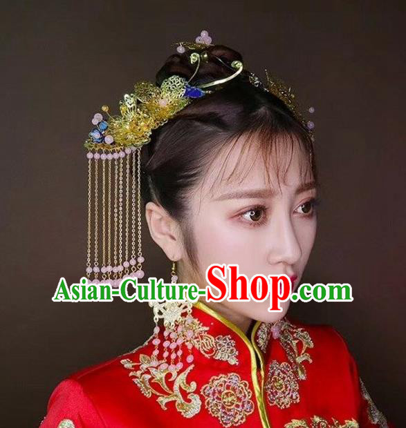 Chinese Traditional Bride Tassel Hair Sticks Ancient Wedding Hair Jewelry Accessories Hairpins Full Set