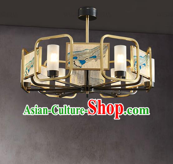 Chinese Traditional Landscape Painting Lamp Handmade Classical Six Light Ceiling Lantern