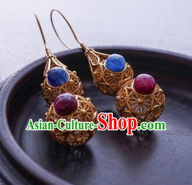 Top Grade Chinese Classical Golden Gourd Earrings Traditional Handmade Gems Ear Jewelry Ming Dynasty Accessories