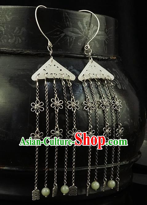 Top Grade Chinese Qing Dynasty Jade Accessories Classical Court Earrings Traditional Handmade Silver Tassel Ear Jewelry