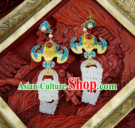 Top Grade Chinese Classical Court Blueing Bat Earrings Traditional Handmade Ear Jewelry Jade Accessories