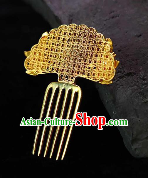 Chinese Ancient Empress Hair Accessories Traditional Qing Dynasty Court Carved Lacquerware Golden Hair Comb