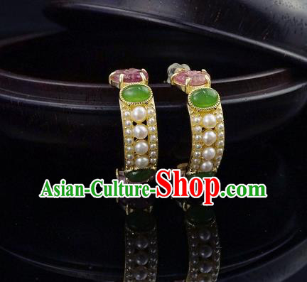 Top Grade Chinese Traditional Classical Jade Earrings Handmade Pearls Ear Jewelry Qing Dynasty Court Accessories