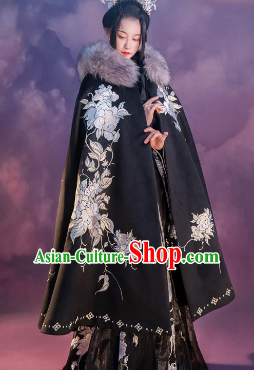 China Ancient Tang Dynasty Imperial Concubine Clothing Embroidered Black Cape Traditional Winter Costume