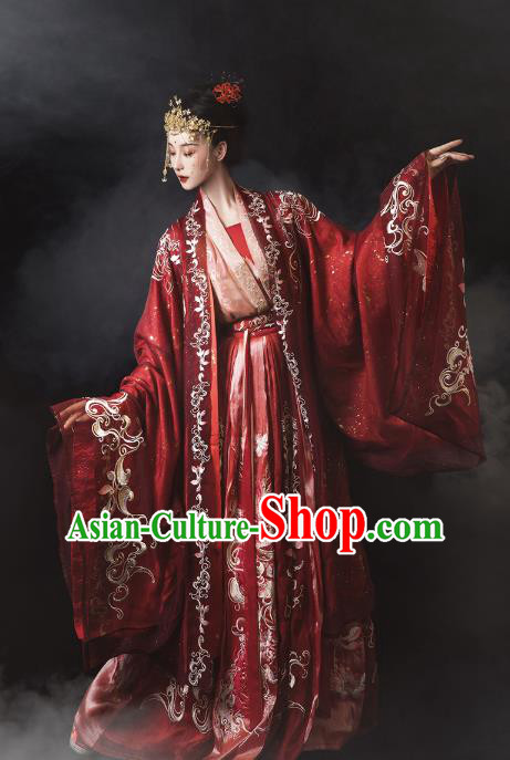 Traditional China Tang Dynasty Wedding Clothing Ancient Royal Princess Embroidered Red Costumes Complete Set