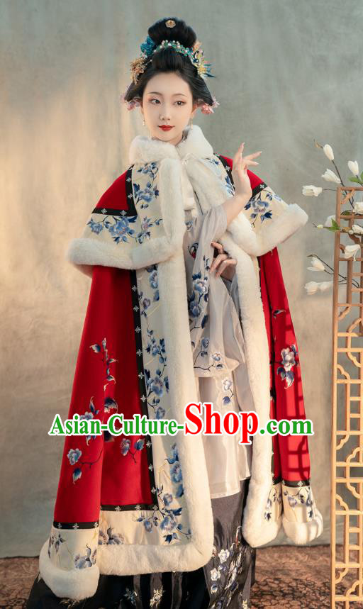 China Traditional Ming Dynasty Empress Embroidered Cloak Ancient Noble Woman Costume Winter Red Woolen Cape