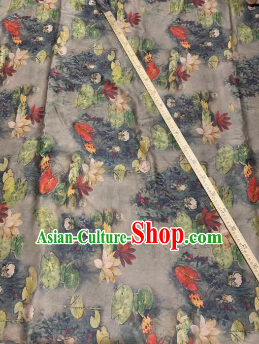 Chinese Classical Lotus Pattern Design Grey Gambiered Guangdong Gauze Fabric Asian Traditional Cheongsam Silk Material