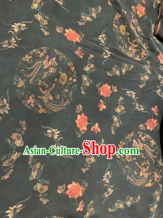 Chinese Classical Phoenix Peony Chrysanthemum Pattern Design Black Gambiered Guangdong Gauze Fabric Asian Traditional Cheongsam Silk Material