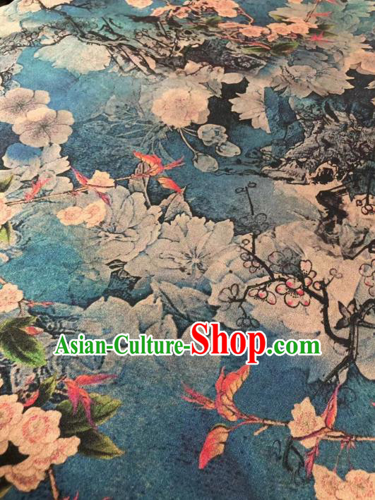 Chinese Classical Plum Pattern Design Blue Gambiered Guangdong Gauze Fabric Asian Traditional Cheongsam Silk Material